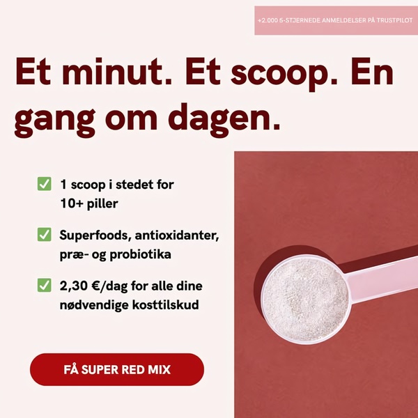 A clean, minimalist 1:1 square advertisement for a Super Red Mix supplement that uses a high-contrast scoop visual and bullet points to communicate value.